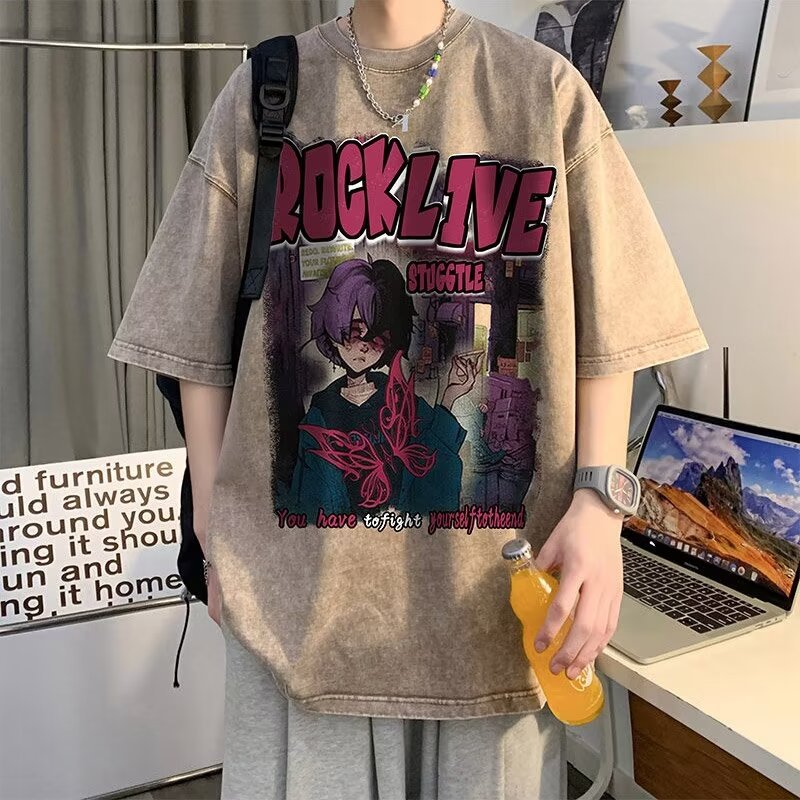 Camiseta de manga corta de algodón de la marca de moda de la calle alta estadounidense para hombres verano retro marea casual lavado viejo media manga guapo camiseta