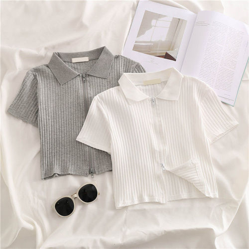 Kids' POLO-Neck Striped T-Shirt for Girls | Summer High-Waisted Cropped Top with Navel-Baring Design | Slim-Fit Half-Sleeve Style in Hong Kong Fashion⏤⏤