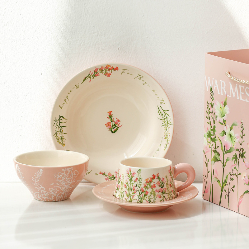 [Lily Wind Chimes] Original Small Fresh Pink Ceramic Evening Plate Tableware with Small Head Gift suit for One Person