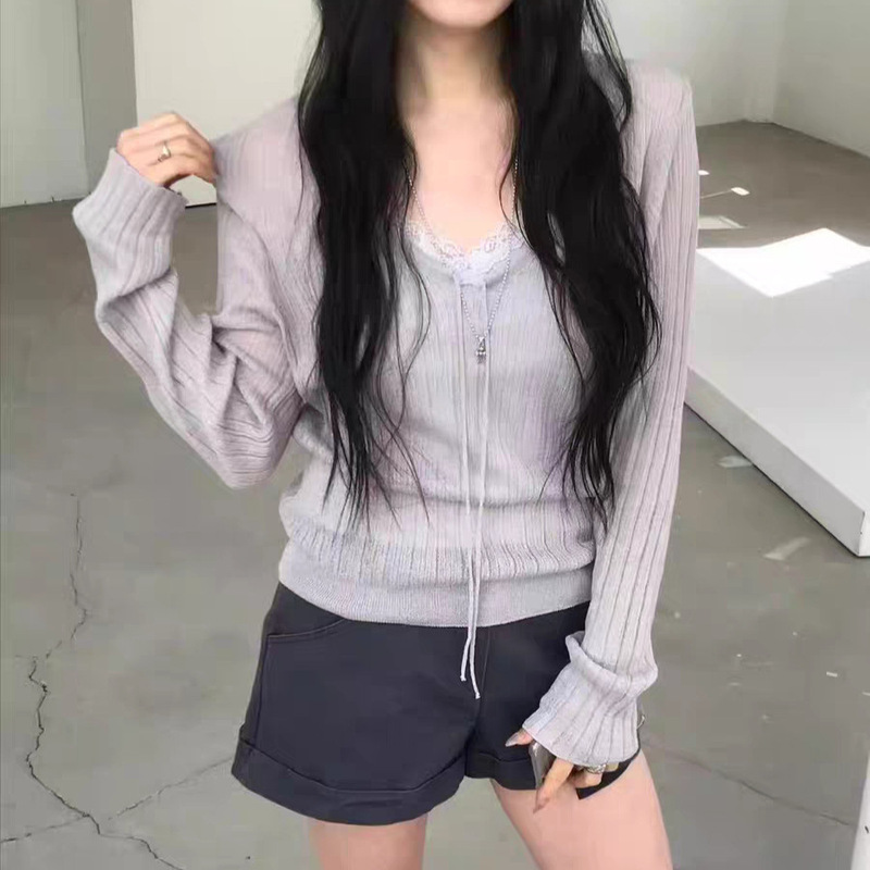 Mona·Xh 2026 Spring New Korean Style Loose Simple V-Neck Slimming Tie Strap Ribbed Pullover Knitted Sweater Top Mona·Xh 2026 Spring New Korean Style Loose Simple V-Neck Slimming Tie Strap Ribbed Pullover Knitted Sweater Top