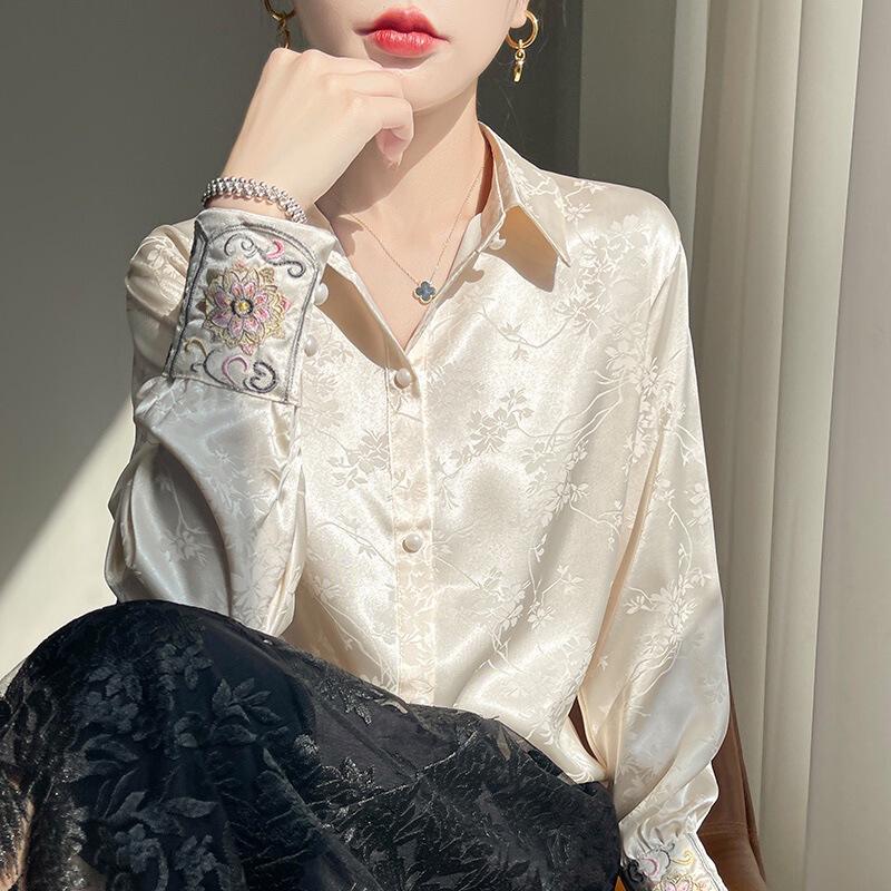 New Chinese Jacquard Satin Acetate Shirt Tang Suit Chinese Style Women's Shirt Autumn and Winter New Long-Sleeved Mulberry Silk Top