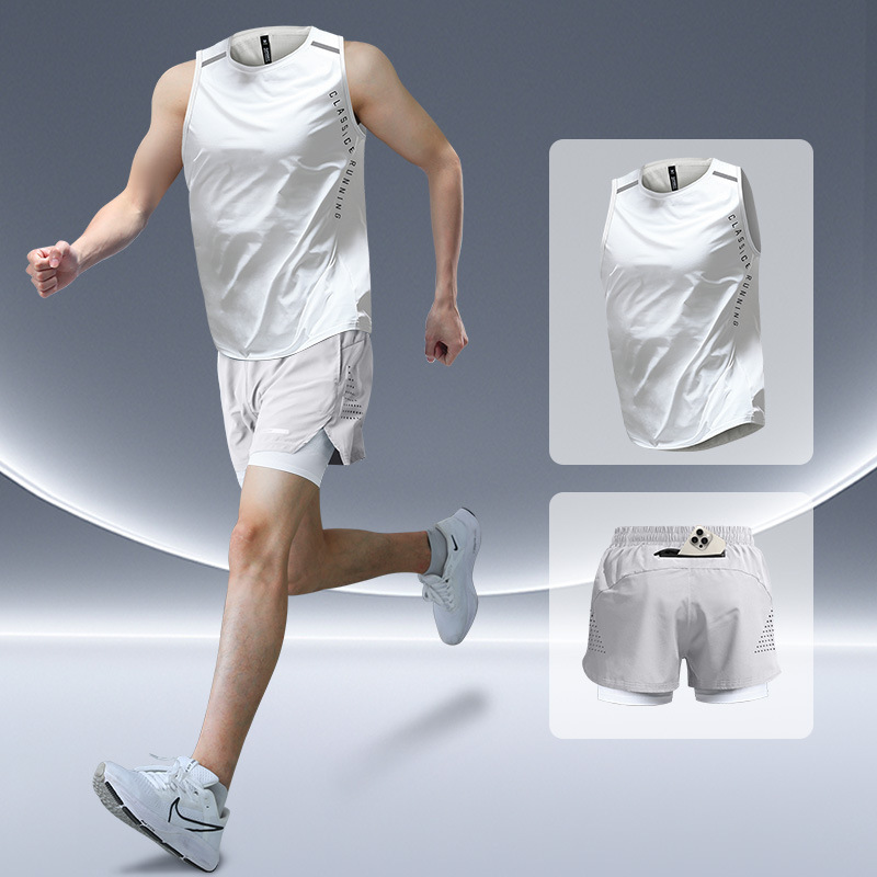 スポーツランニングスーツメンズマラソンアイスシルク速乾ベスト夏陸上トレーニングショーツフィットネス服と機器|undefined