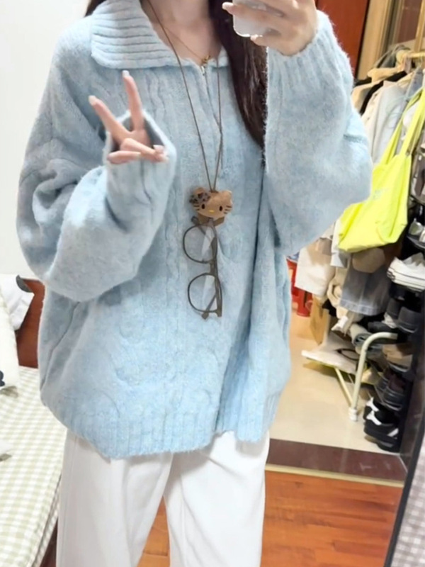 韩系慵懒风蓝色奶fufu毛衣女秋冬2025新款宽松加厚针织衫上衣秋季|undefined