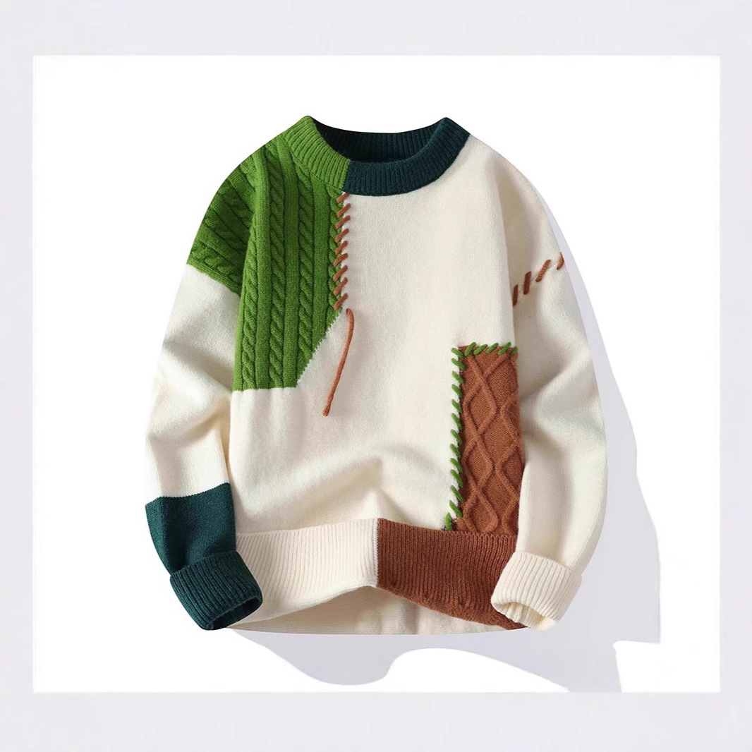 Trendy Color-Block Knit Sweater – Oversized Unisex Pullover For Winter (Green/Khaki/Red/White/Black, M-3XL)_viptrois.com