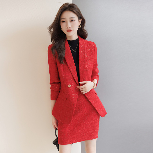 Red suit jackets are popular this year for women in high-end professional attire, goddess style formal wear, host suits