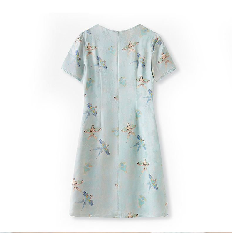 Váy sườn xám cách tân jacquard phong cách Trung Quốc chất liệu sợi mây thơm, dáng suông thắt eo, tay ngắn mùa hè — Màu xanh lam chi tiết 16