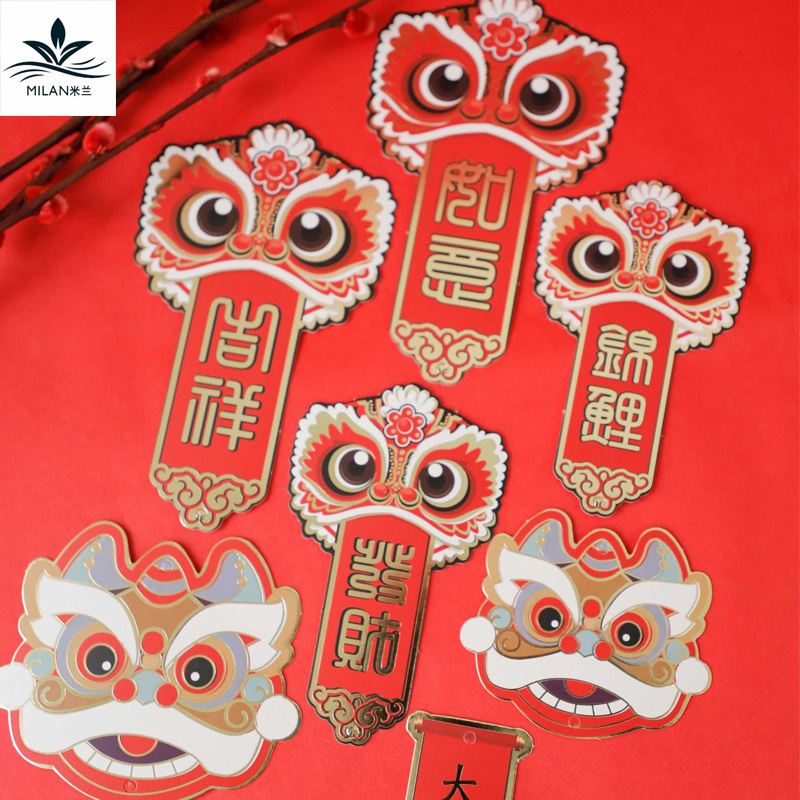 Dorado tarjeta de felicitación de Año Nuevo León tarjeta colgante Año Nuevo snack flor bendición cubo decoración colgante bendición tarjeta Festival de Primavera etiqueta festiva