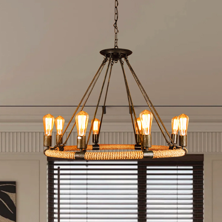 Estilo industrial retro americano loft sala de estar comedor cafetería olla caliente tienda de ropa araña de cuerda de cáñamo de hierro forjado redondo