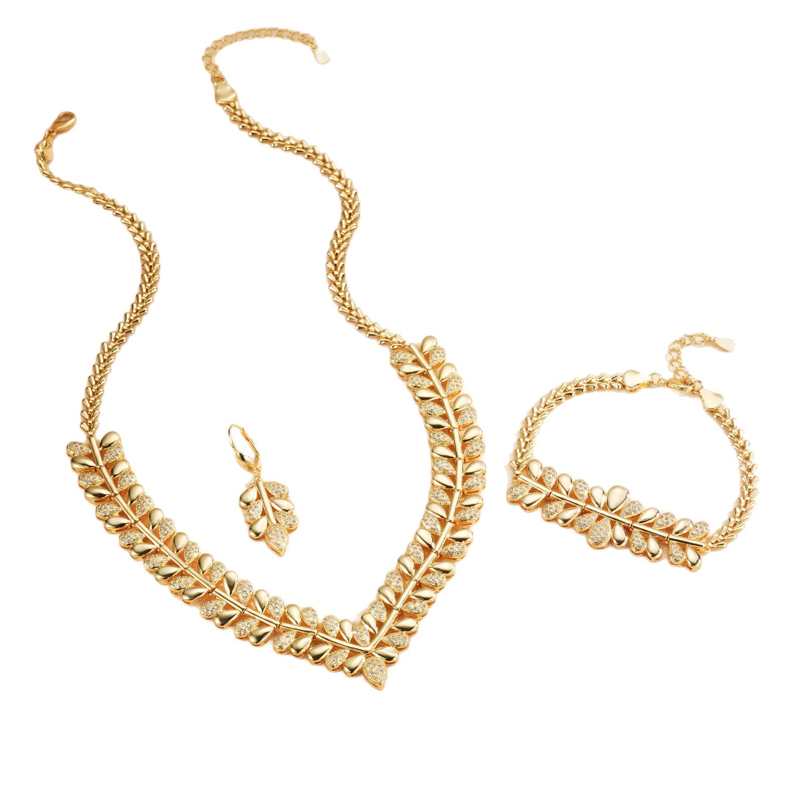 Diseño de moda de alta gama empalme hoja de trigo forma de joyería conjunto pulsera pendientes anillo collar conjunto de cuatro piezas image 6