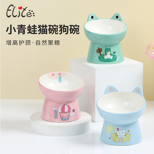 Frog Tall Ceramic Pet Bowl Piggy Increased Neck Protector Oblique Mouth Cat Bowl Cartoon Rabbit Puppy Bowl Wholesale