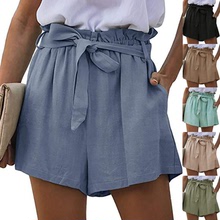 2022跨境夏季新款外貿女裝休閑紙包腰帶口袋寬性系帶褶皺闊腿短褲