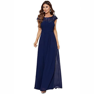 2025 New Amazon Bridesmaid Dress European and American Women's Cap Sleeve Chiffon Collar Pleated Lace Formal Ball Gown