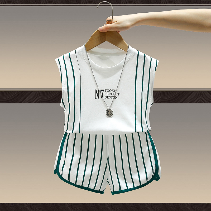 7921 traje de chaleco de verano para niños 2025 nuevos pantalones cortos sin mangas de verano para niños de dos piezas ropa de bebé de moda