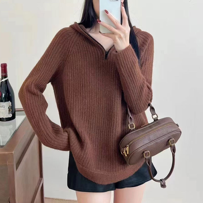 Demi-season fashionable knitted solid color sweater with hood with…
