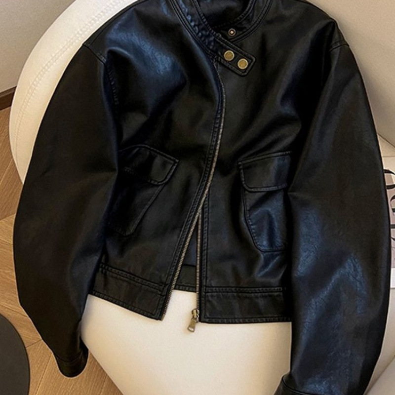 Women's Short Leather Jacket 2025 Spring New Protein Leather Chanel-Style Casual Versatile Stand Collar Biker Leather Jacket