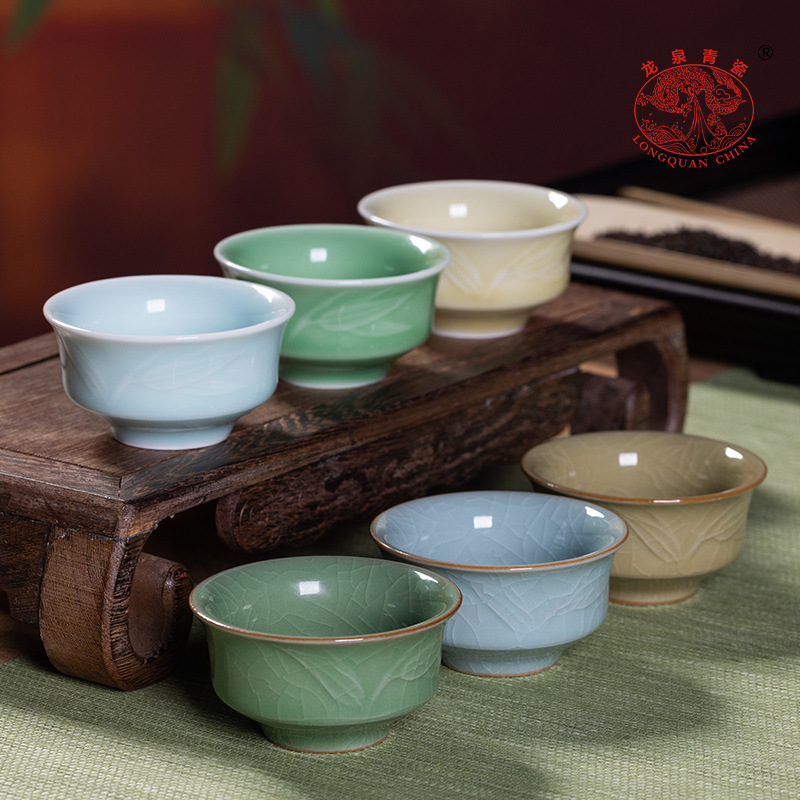 Longquan 청자 창조적 인 쿵푸 차 세트 차 시음 컵 개인 컵 작은 찻그릇 세라믹 얼음 균열 대나무 운 6 색 컵