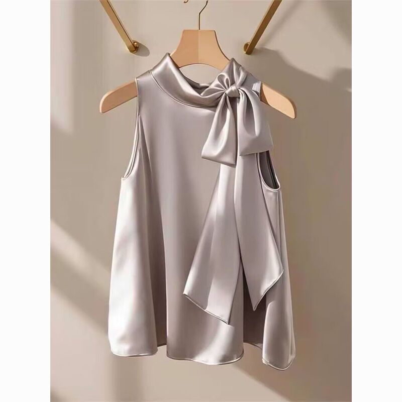 French-Style Champagne White Satin Halter Top for Women, New Summer Loose Bowknot Shirt, Stylish and Youthful Blouse, Thin