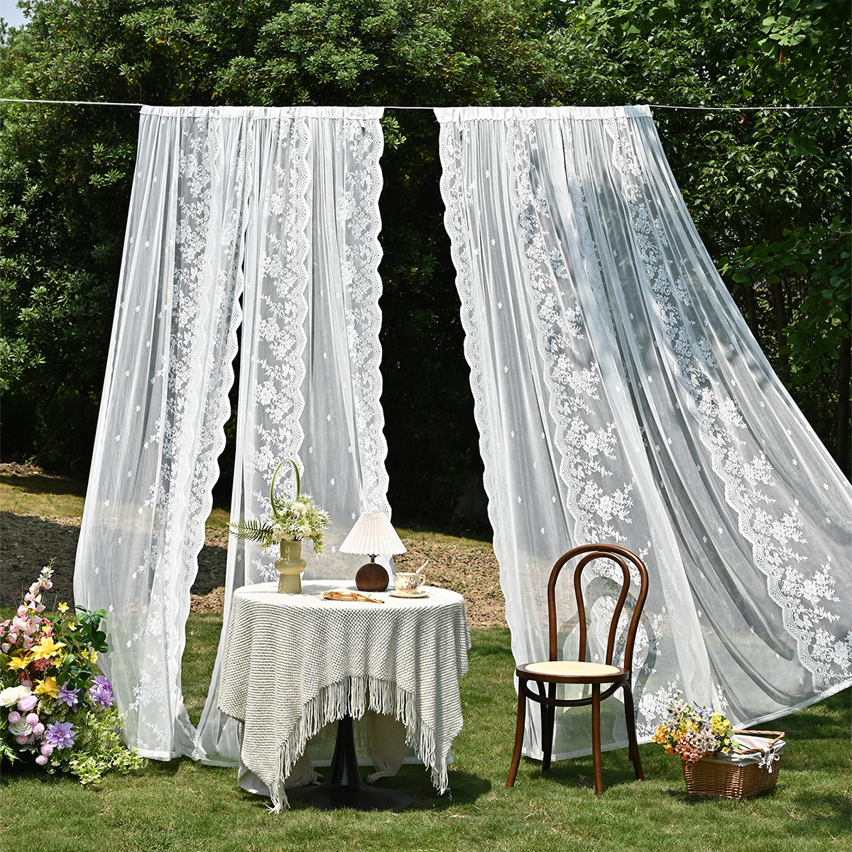 Amazon 2PC/Set Encaje por urdimbre Encaje vertical de doble fila Encaje Cortina de cortina semi-opacable al aire libre pastoral