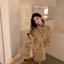 时尚百搭呢子秋季单排扣外穿大衣爆款韩系立领简约绑带高级感外套