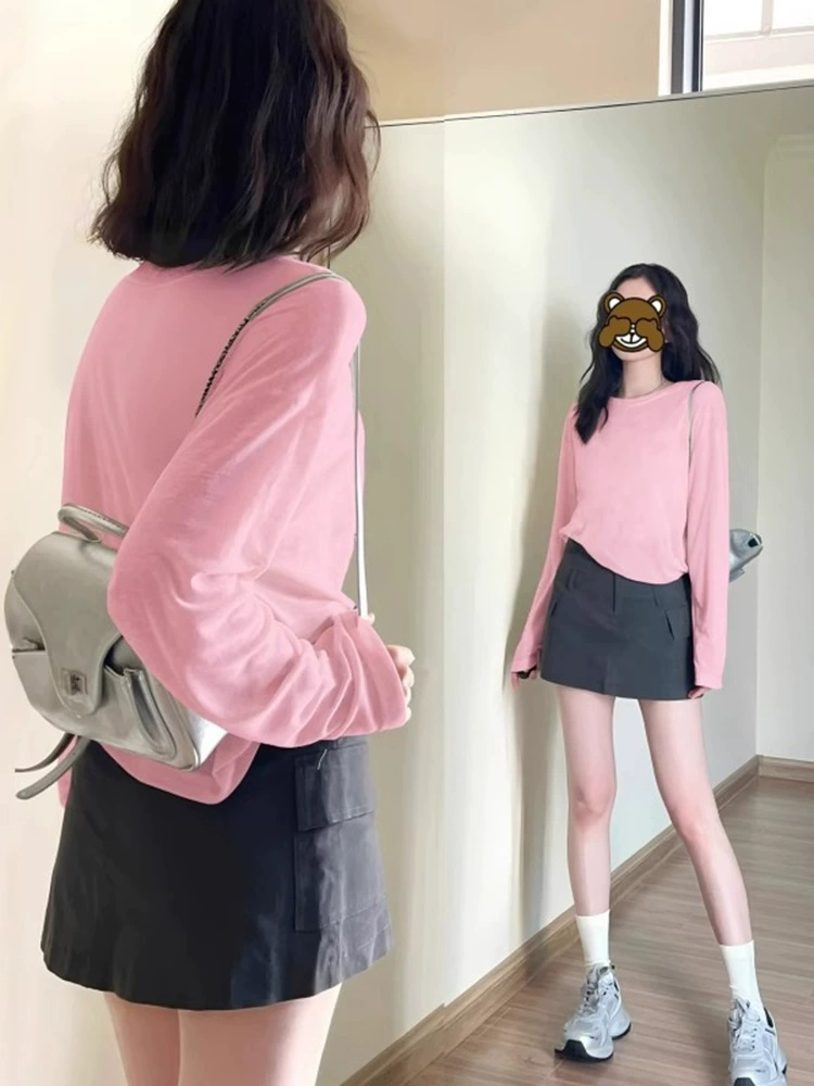 Летняя корейская однотонная футболка свободного кроя из ледяного шелка, топ с длинным рукавом, защита от солнца, блузка для женщин, тонкая верхняя одежда