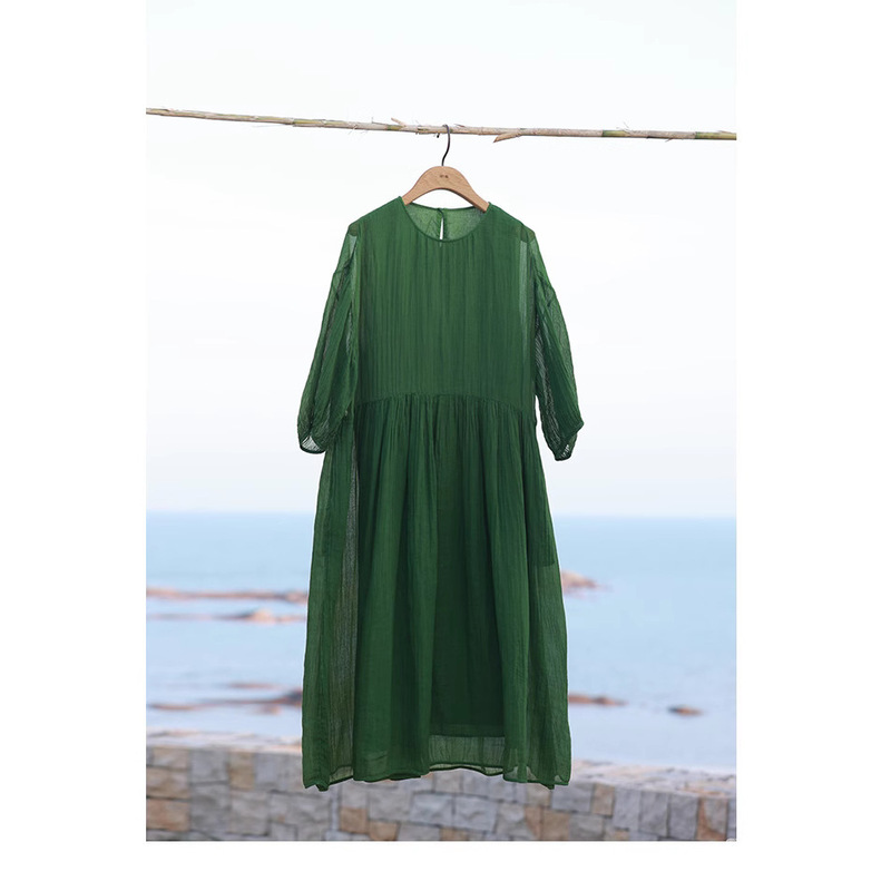2025 New Summer Style Ramie Twisted Fine Wrinkled Texture Ready-To-Wear Dyed Artistic Casual Cool Dress