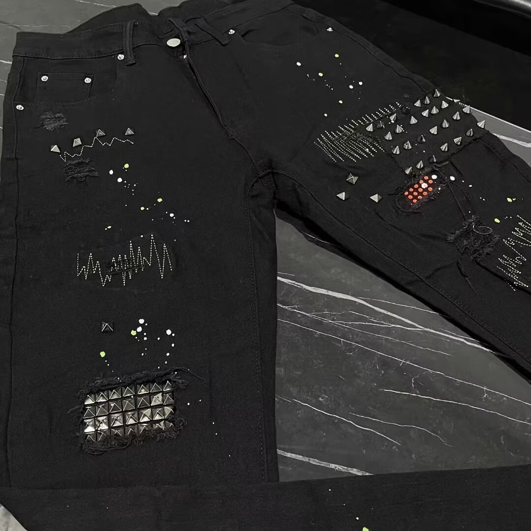 Autumn new black jeans for men, slim fit with small feet, ripped holes, personalized patchwork, trendy elastic men's_voghion.com