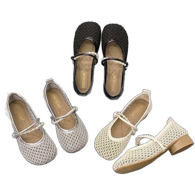 Zapatos de tacón grueso de un solo pie, zapatos de mujer, 2026 nuevos zapatos de verano franceses agujerados sandalias de tela de talón bajo