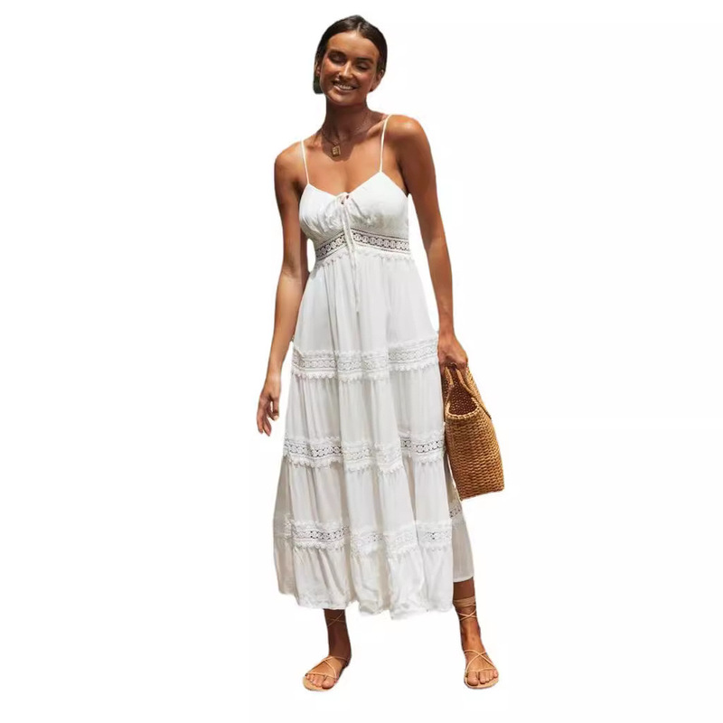 2024 AliExpress Independent Station New Women's Bohemian Sling dress Lace Stitching Large Dress