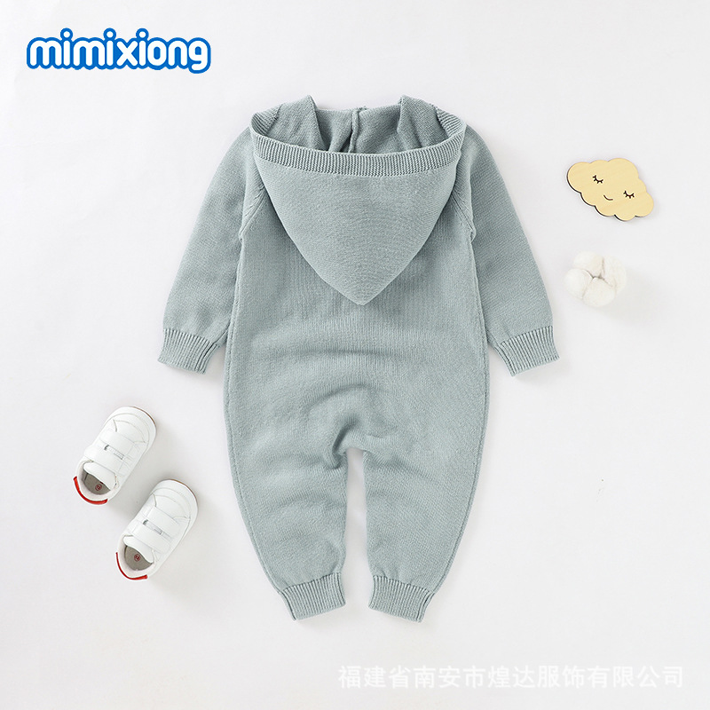 ins秋冬新款纯色婴幼儿连帽针织连体哈衣爬服