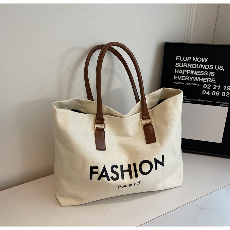 262g Weight Polyester Lining Material Open Closure Type Single Shoulder Strap Strap Type Tote Bag Bags Type Holiday, Daily Occasion Canvas Material Letter Pattern All Seasons Season Women's Gender Classic Style Style Square Shape Large Size Women's Large Canvas Letter Classic Style Square Open Tote Bag 30