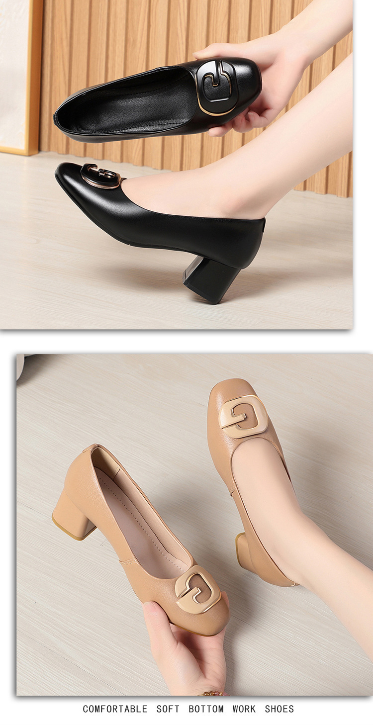 Giày cao gót nữ mũi tròn gót vuông da bò thật — Trắng kem【Da bò lớp đầu】 chi tiết 8