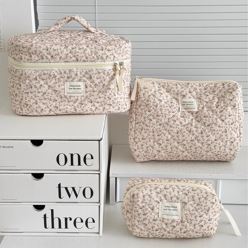 Cross-Border Corduroy Pink Floral Makeup Bag, Multi-Functional Travel Portable Fresh-Style Storage Bag