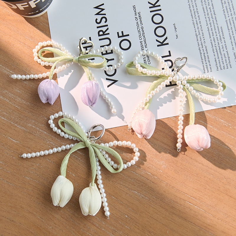 Fairy Elegant Tulip Mobile Phone Chain Classy Pearl Wrist Gentle Hanging Chain Pendant Bag Keychain DIY Bag