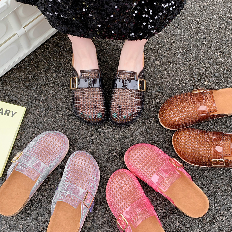 Transparent jelly sandals for women, summer casual new style, hollowed-out closed-toe half-slippers, thick-soled Birkenstock-style slip-ons