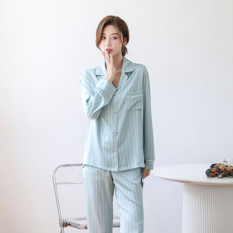 Fresh Style Classic Striped Lapel Thin Casual Home Clothes Two-piece Ice Silk Pajamas Women's Spring Long-sleeved Cardigan