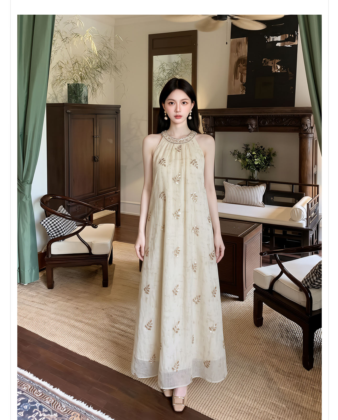 Bộ váy đầm maxi thắt eo phong cách tân cổ điển thêu hoa kết cườm — bộ đồ, váy liền, áo khoác chi tiết 10