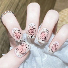 Fresh and Cute Style Wearable Nail Beauty Nail Art with Cute Lines Cartoon Doodle Short Removable False Nail Tips Wholesale