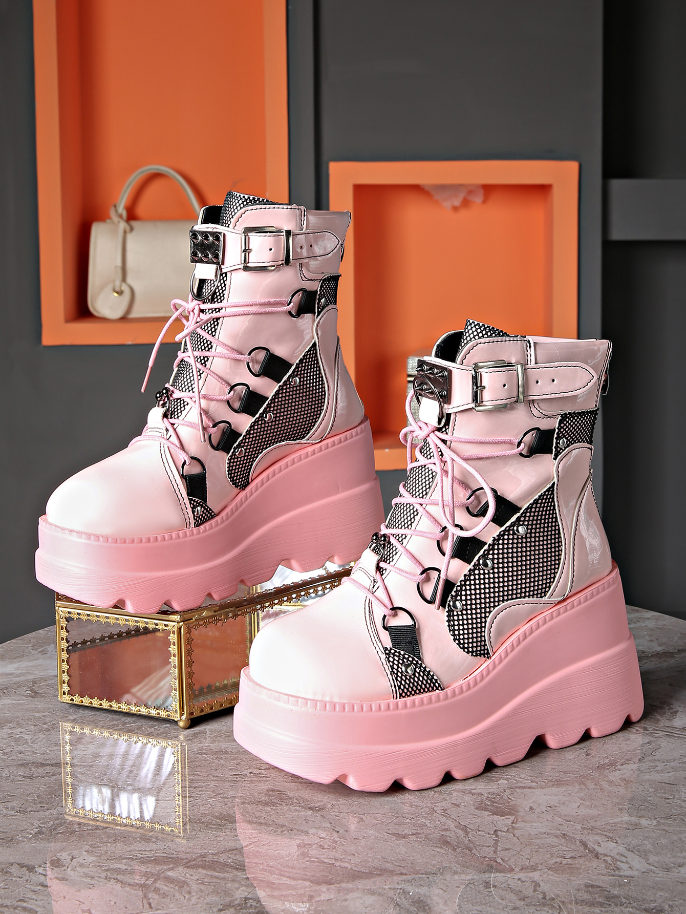 Women's Shoes wedge heel Martin boots women 2024 new pink thick sole large size fashion short boots women dark rivets_voghion.com