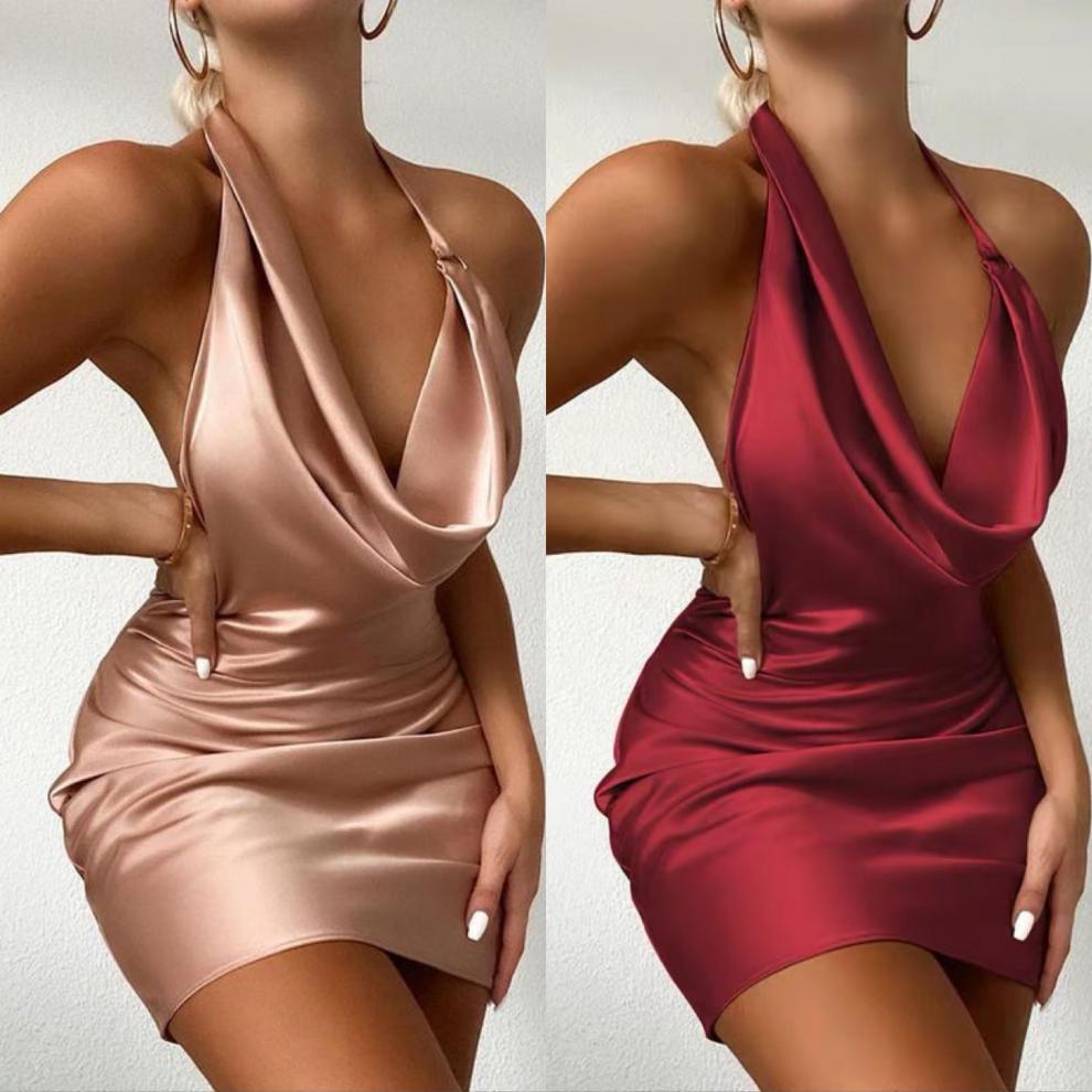 145g Weight Above Knee Dress Length Type Wholesale Women's Elegant Sexy Solid Color Holiday Banquet Halter Neck Sleeveless One-Step Skirt Sheath Dress