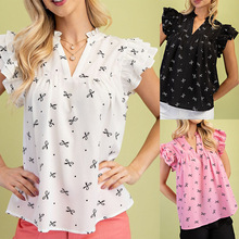 欧美跨境亚马逊独立站2025夏新品V领多层荷叶袖甜美印花女士衬衣