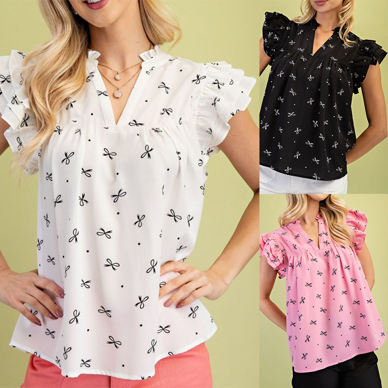 Europe and the United States cross-border Amazon independent station 2025 summer new V-neck multi-layer lotus sleeve sweet printed ladies shirt