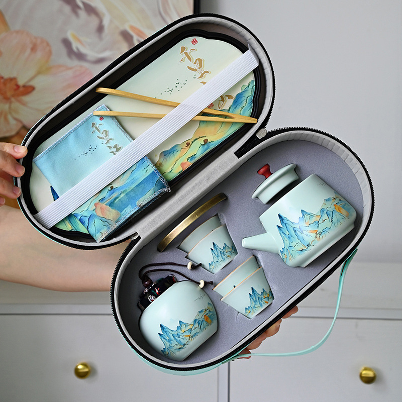 Cultural and creative "Thousand Miles of Rivers and Mountains" travel tea set, complete with tea canister, outdoor tea tray, leather bag, ceramic, portable gift