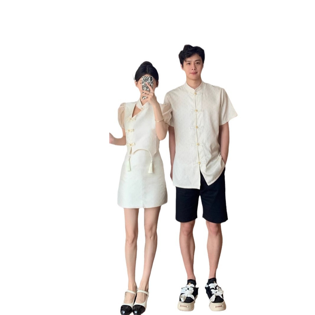 중국 스타일 커플 원피스 여름 새로운 스타일 중국 스타일 회전 짧은 소매 개선 된 버클 펜던트 디자인 칼라 캐주얼 셔츠