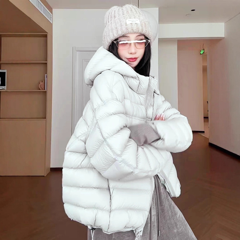 Women's Short Hooded down Jacket with Rib Design, 2025 New Style, White Duck Down, Warm, Petite, Lightweight Winter Coat, Trendy