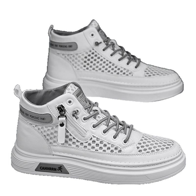 Una pieza de sonido tembloroso promueve la red de zapatos de skate de alta altura huecos transpirables, zapatos de moda de estudiantes casuales de red para hombres.