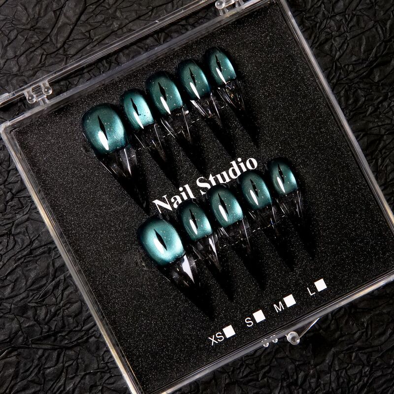 Cool Black-Green Devil Cat-Eye Wearable Nails, Extra Long Pointed Shape, Dark Green Pearl Gradient Black, Personalized Handmade False Nails Cool Black-Green Devil Cat-Eye Wearable Nails, Extra Long Pointed Shape, Dark Green Pearl Gradient Black, Personalized Handmade False Nails