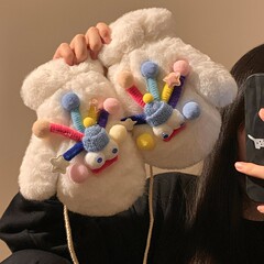 小狗毛绒手套女冬季韩版可爱防寒加绒加厚保暖骑行挂脖连指学生潮