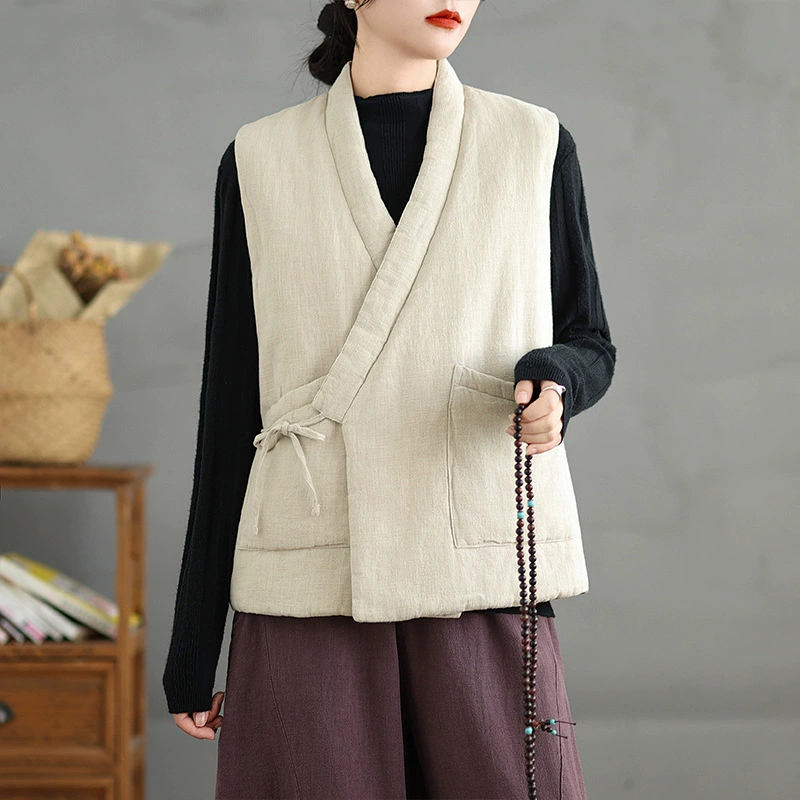 Дзен шнуровка Хлопковый жилет Женская зимняя одежда Китайская ретро шнуровка