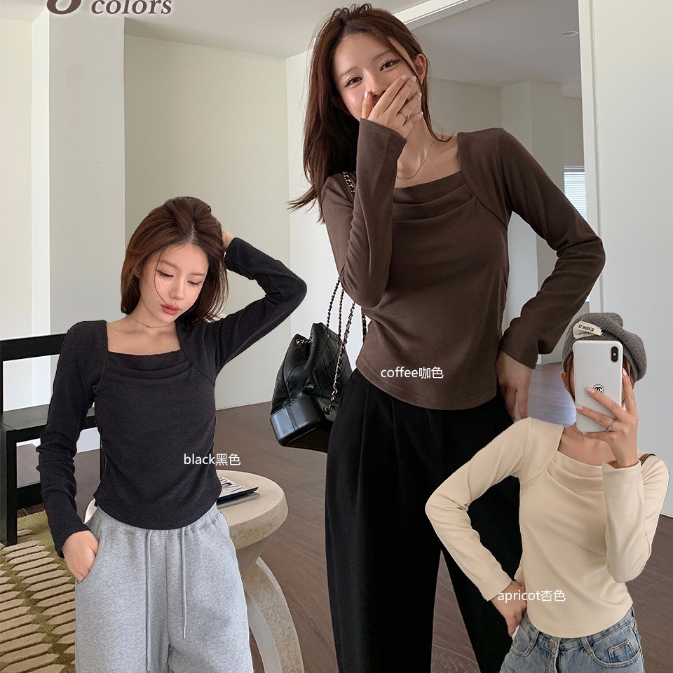 Fenanfu 2023 nueva ropa dulce súper cálida cuello cuadrado plisado camisa de fondo caliente cintura-apretado todas las mujeres