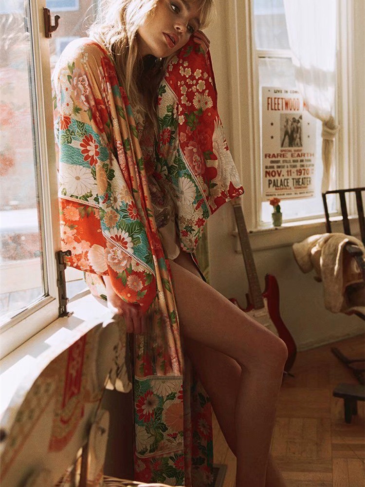 Blusa DE LA PLAYA gasa impresa vacaciones Playa Sol protección camisa bikini encubrimiento protector solar cardigan traje de baño femenino XF34